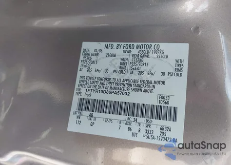 2006 Ford Ranger Xl/Xlt z USA, uszkodzony, nr VIN 1FTYR10D86PA57032